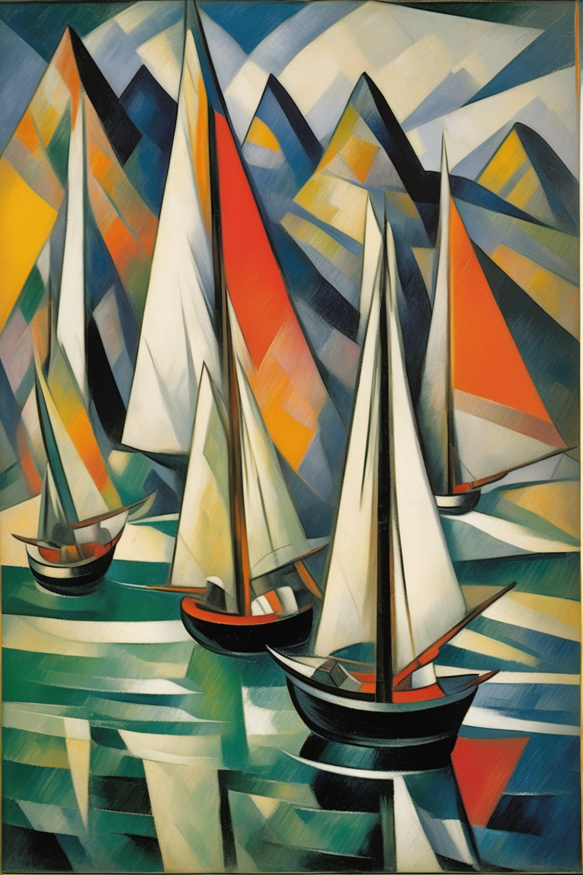 <lora:Lyonel Feininger Style:1>Lyonel Feininger Style - 102572. A painting by Raymond Duchamp-Villon. A painting of sailin...